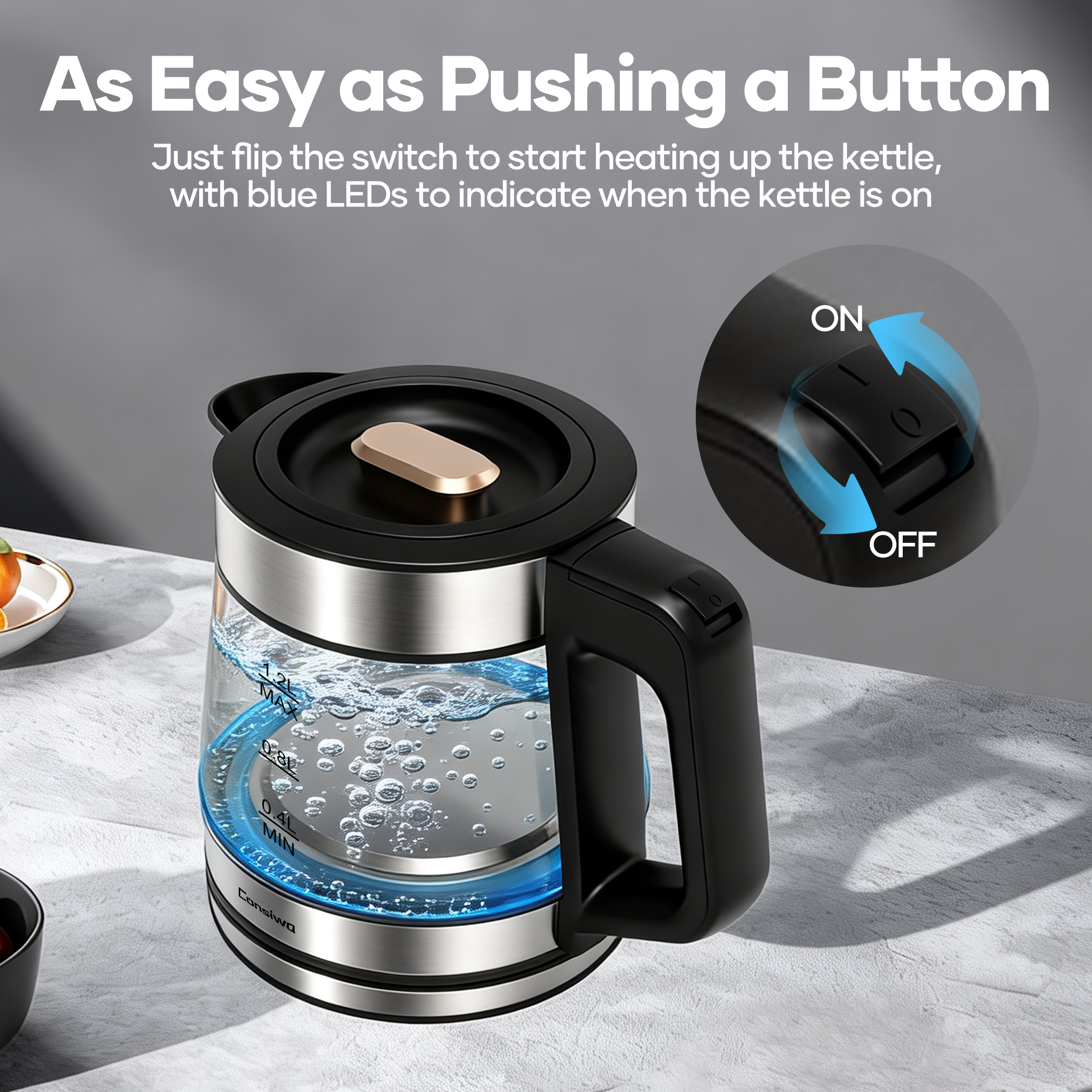 Consiwa Electric Kettle, 1.2L Glass Water Boiler photo 3