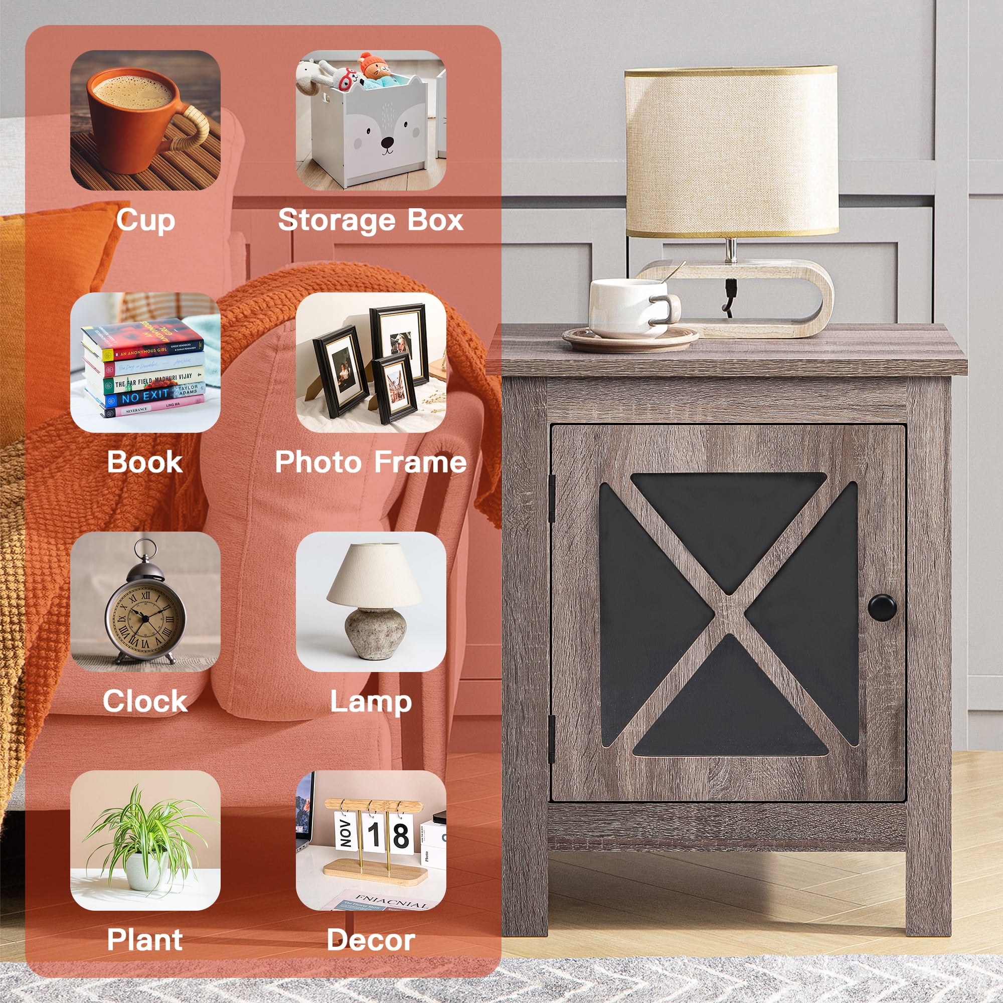 Kadyn Set of 2 Industrial Nightstand, Farmhouse Side Table End Table with X design glass Door - Light Gray Wood Kadyn Set of 2 Industrial Nightstand, Farmhouse Side Table End Table with X design glass Door - Light Gray Wood