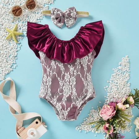 

Wolfast Promotion Toddler Baby Girls Summer Cute Lace Ruffles Pleated Bow Headdress One-piece Swimsuit