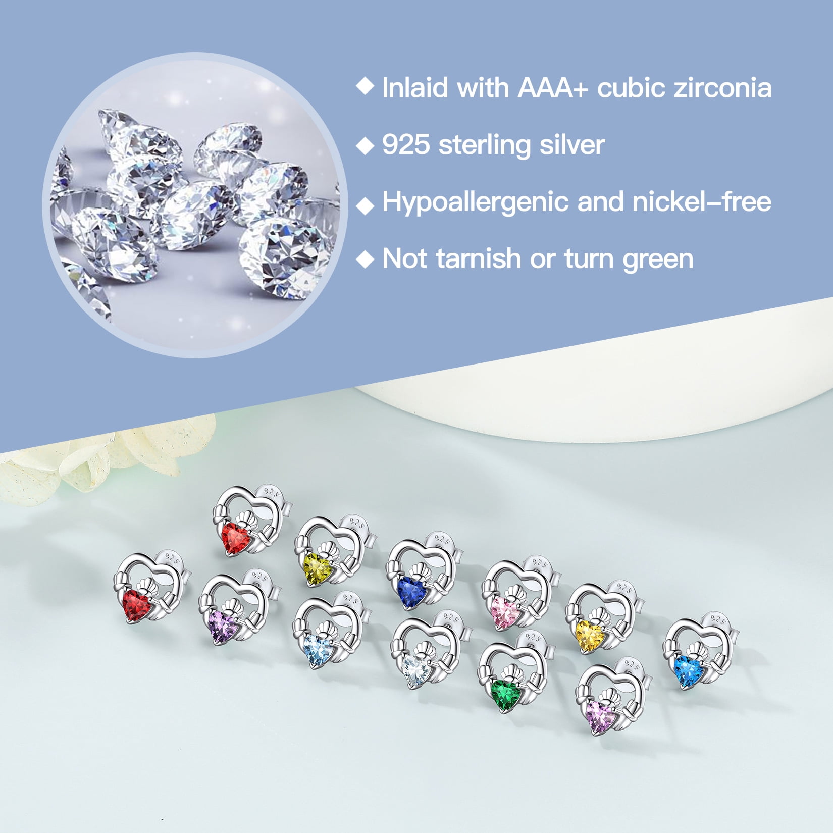 Suplight 925 Sterling Silver Claddagh Heart Earrings with Birthstone, Irish Celtic Jewelry for Women
