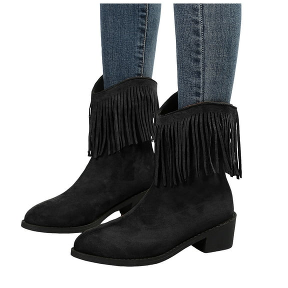 Tassel Mid Calf Cowgirl Boots for Women 2025 Fashion Fringe Suede Pointed Toe Slip on Winter Fall Dress Booties Black Size 5.5