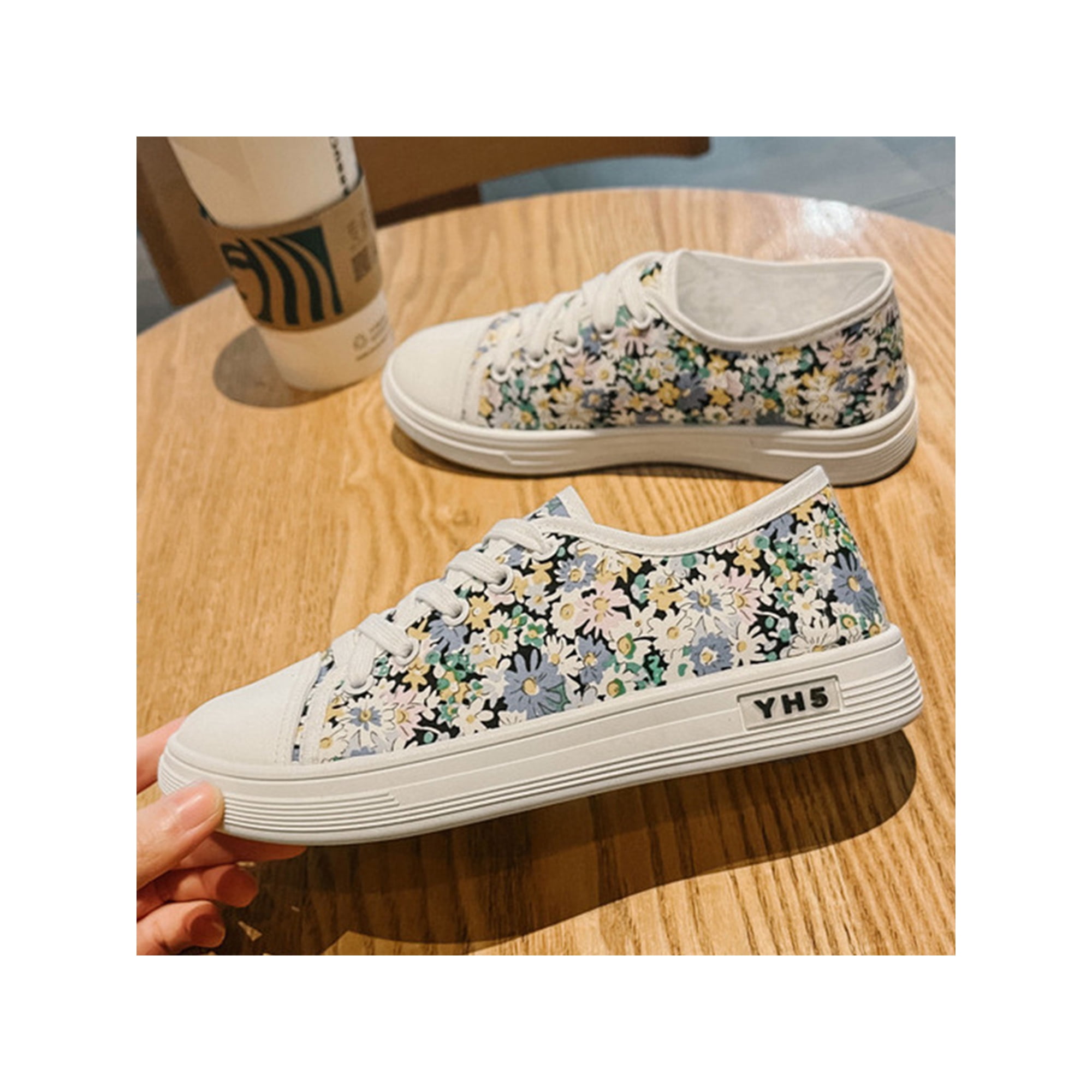Woobling Women Casual Shoes Breathable Flats Floral Print Canvas Sneakers Comfort Sneaker Womens Adjustable Lace Up Walking Shoe Yellow Blue 7 Walmart