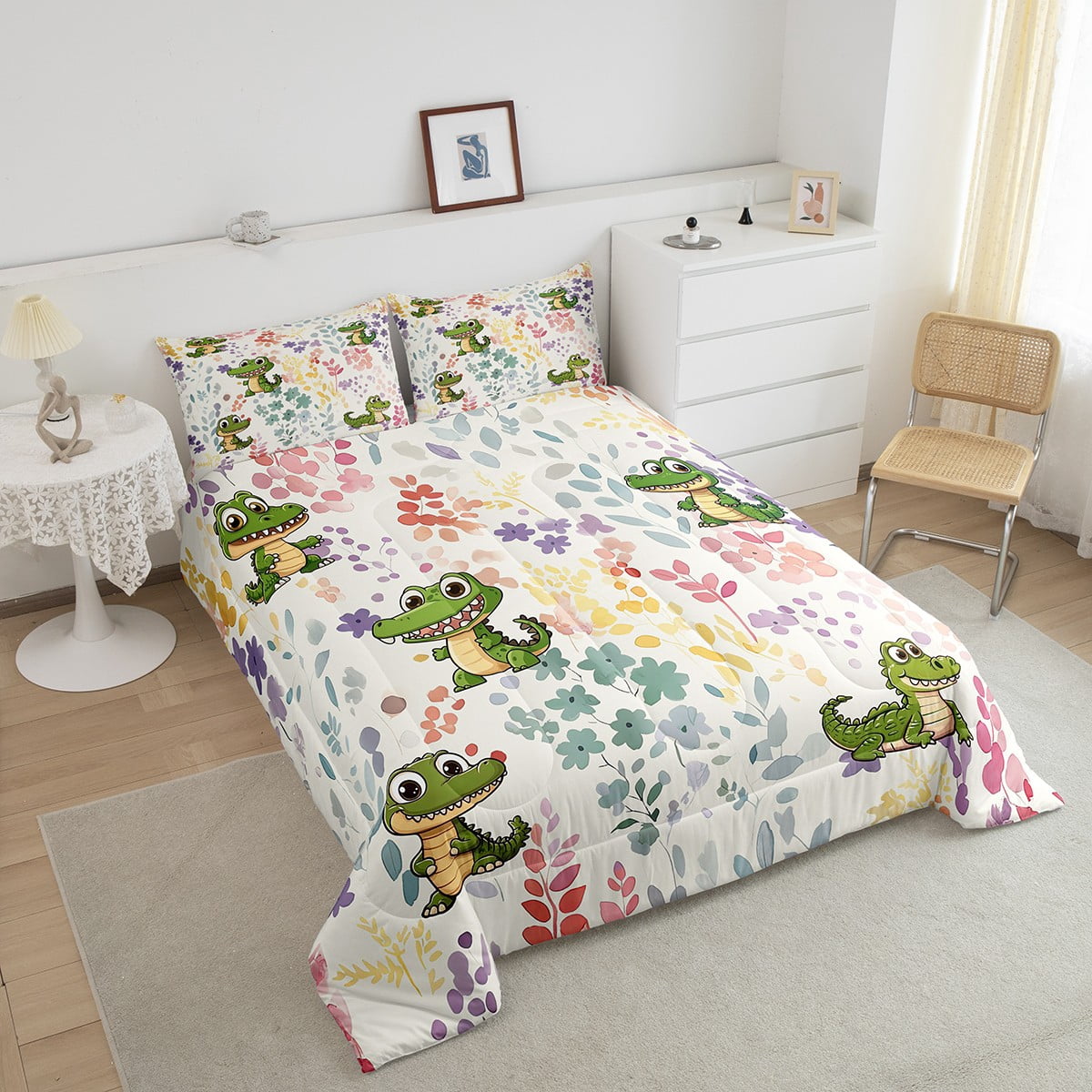 Kawaii Crocodile Bedding Set Twin Size,Cartoon Crocodile Flower Comforter Set,Cute Colorful Floral Quilt Bed Set Wildlife Animal Down Comforter with 1 Pillowcase