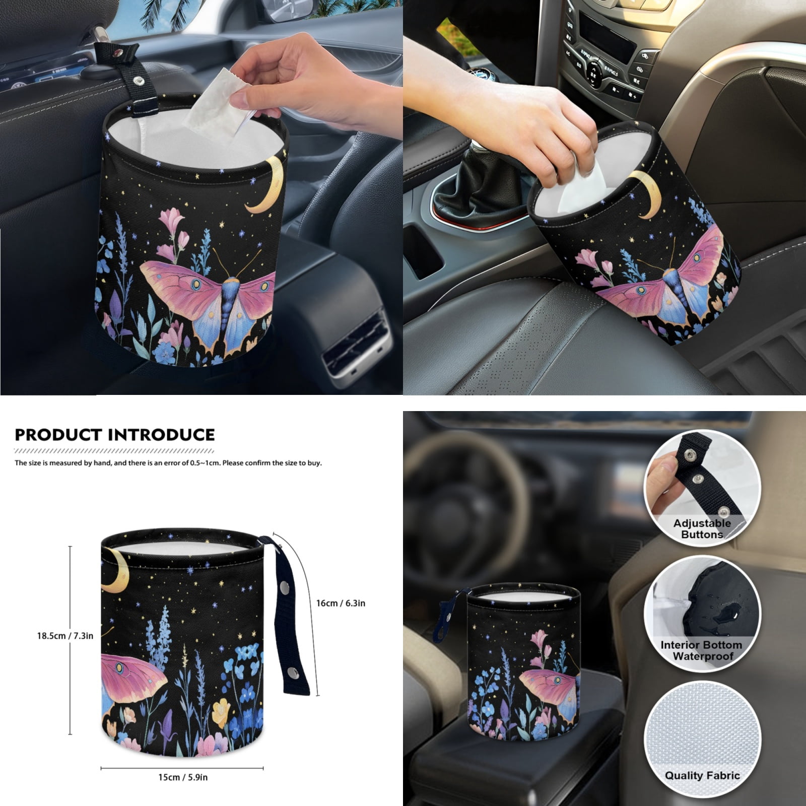 Yuyamidu Butterfly Car Seat Cover Full Set with Steering Wheel Cover Flower Seat Belt Strap Pads Cup Coasters Trash Bag Rearview Mirror Cover Armrest Cover Pad Auto Handbrake Cover Set of 14