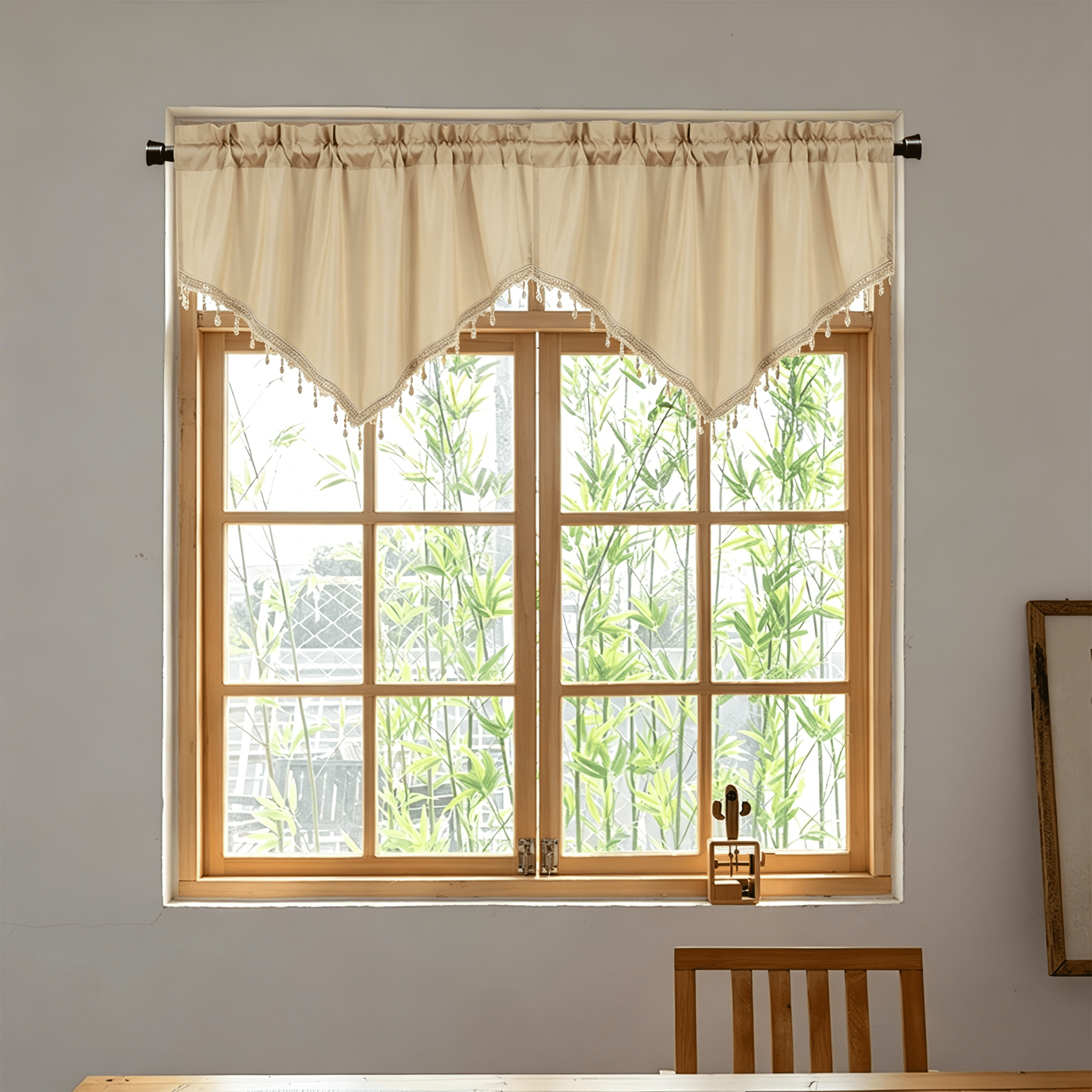 AUQ 2026 New Window Valances Curtains for Kitchen,Rod Pocket Triangle Farmhouse Valance Beads Trim Tassel Curtain Valances for Bedroom Bathroom Cafe,51 X 23" Length