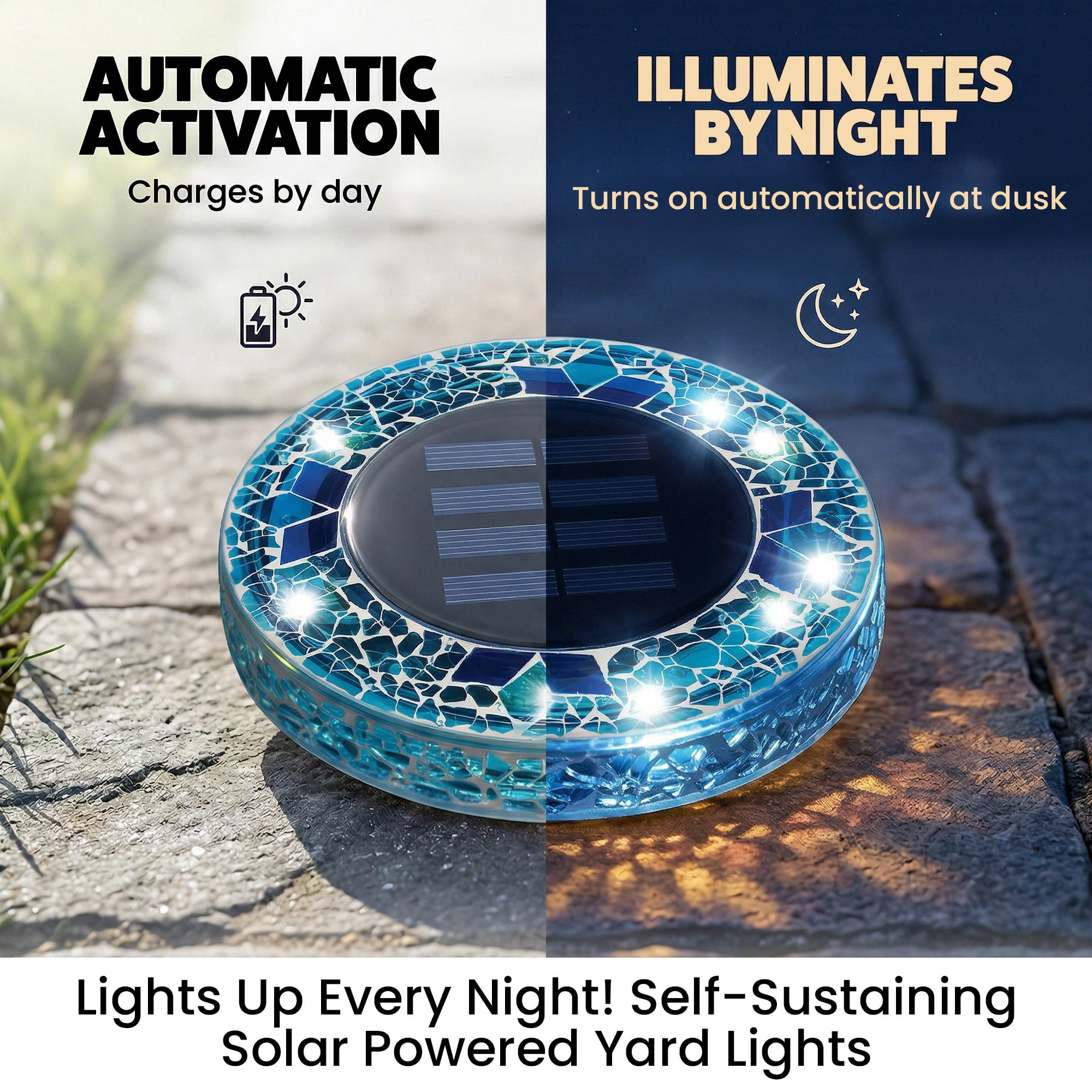 Bell+Howell Solar Outdoor Mosaic Disk Lights, 8 Pack Ultra-Premium Glass Decorative Pathway, Solar Outdoor Waterproof Disk, LED Pathway, Auto On/Off Lights - Blue