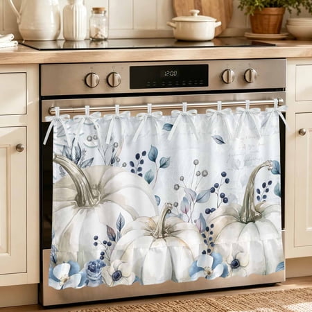 Oven Skirt Curtain for Kitchen 20x27 Inch Blue Grey Pumpkins Fall Oven Curtain with 8 Ribbon Ties & Ruffle Trim Stove Skirt Curtain Dishwasher for Cabinets Over Sinks Thanksgiving Botanical