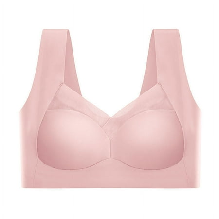 Non-cut Summer Ice Silk Underwear Women s Gather-up Anti-sagging Beautiful Back Bra Thin Non-rimmed Sports Bra Vest-style pink