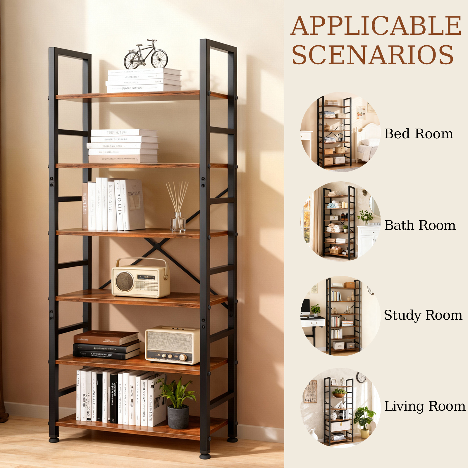 ZEUKMXOO 6 Tier Bookshelf , Modern Freestanding Display Bookcase Shelf, Vintage Wood Storage Organizer , Tall shelving unit for Living Room, Home Office, Bedroom, Pantry