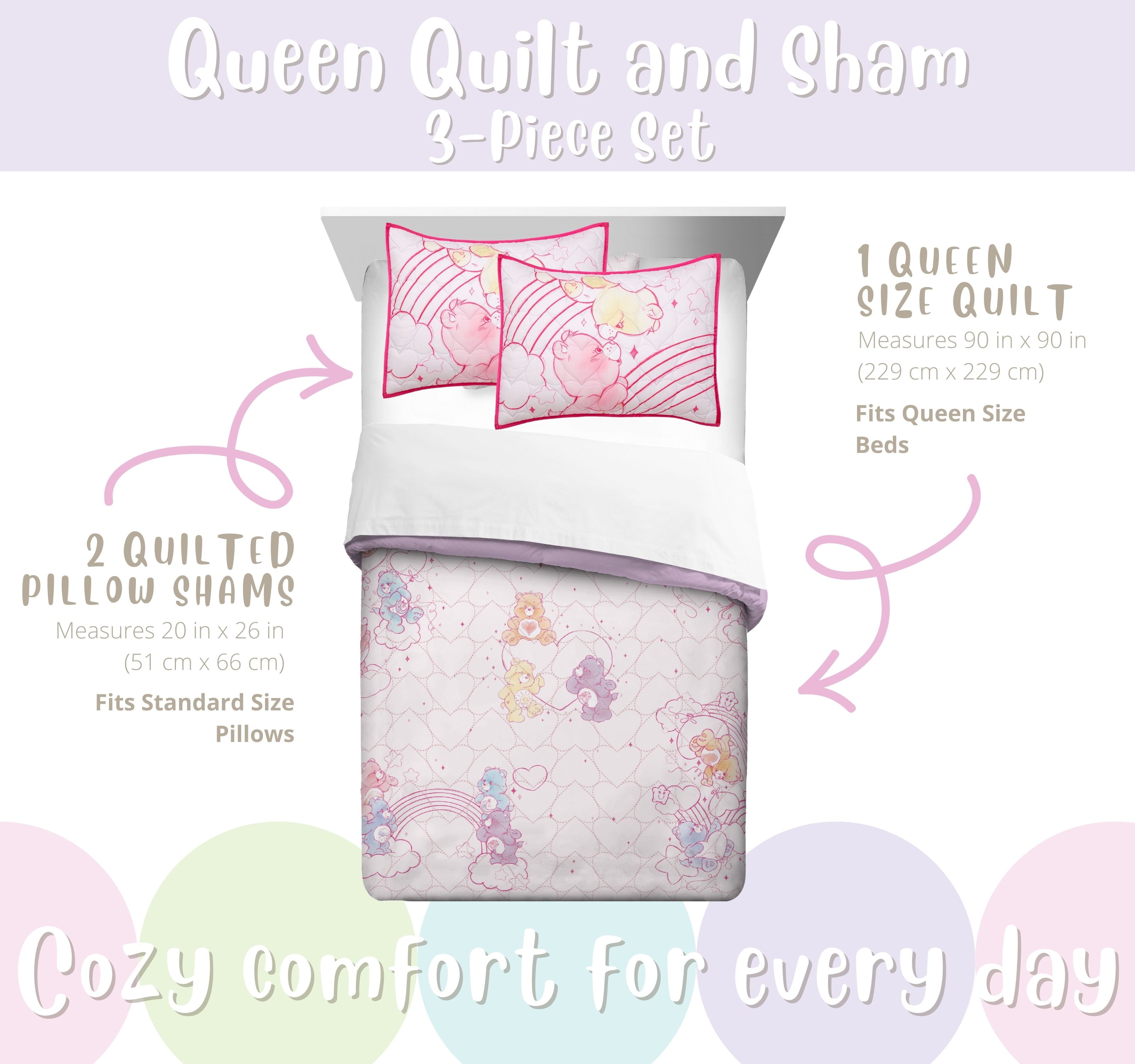 Care Bears Pink 3 Piece Quilt and Sham set, Queen