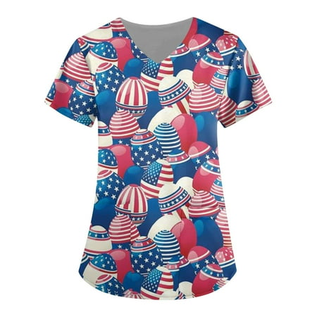 

XHJUN Scrub Tops Women with Pockets V Neck American Flag Pattern Tops Nursing Working Uniform Short Sleeve T-Shirts Sky Blue L
