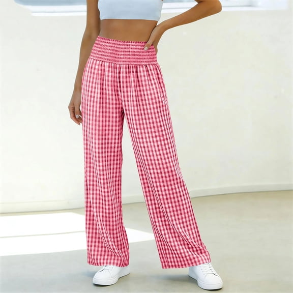 Cutuoiiu Women Gingham Print Smocked High Waist Wide Leg Pants with Pockets Casual Plaid Trousers Gifts