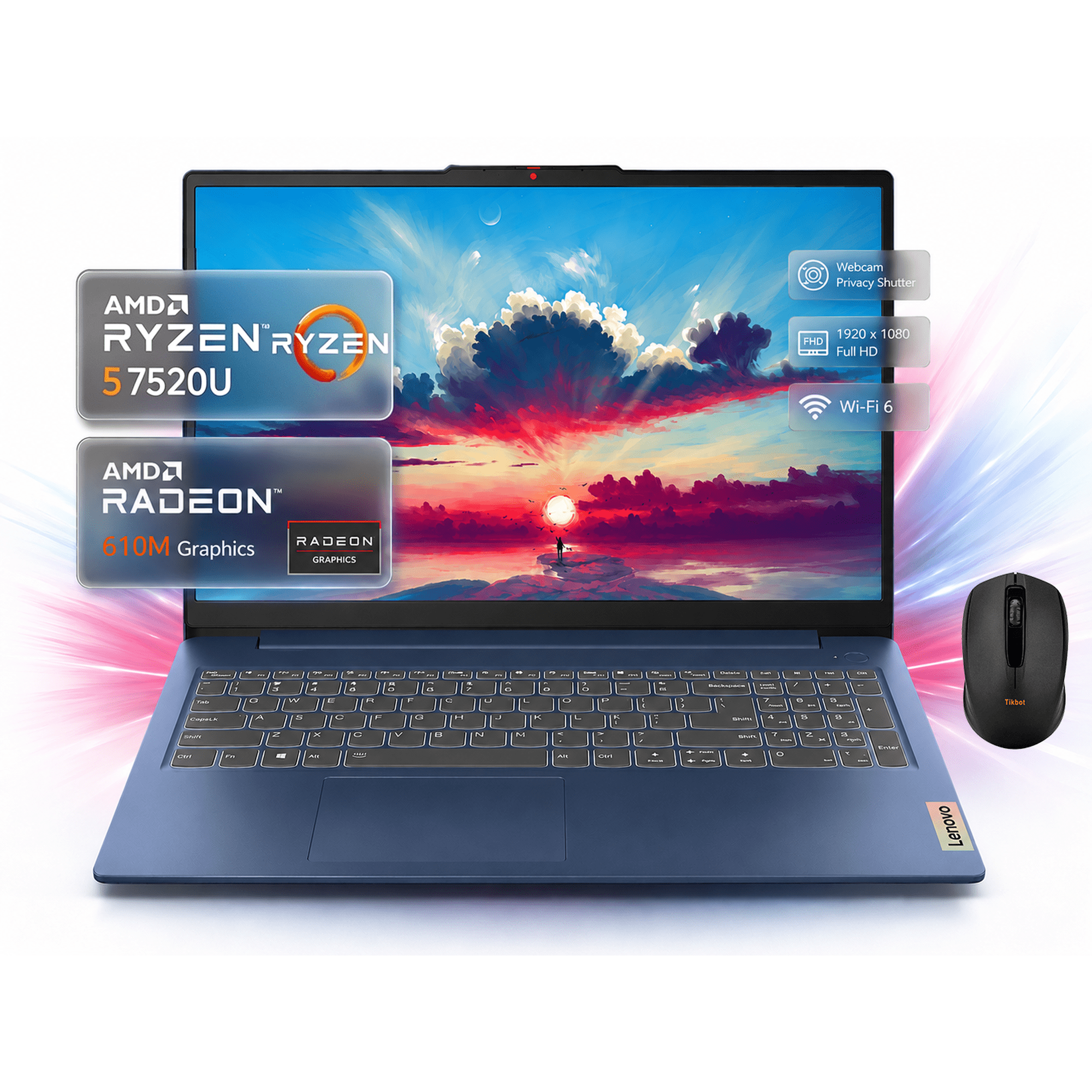Lenovo IdeaPad Slim 3 15.6" FHD Laptop, AMD Ryzen 5 7520U, 8GB LPDDR5 RAM, 512GB PCIe SSD, Wi-Fi 6, USB-C, Webcam with Privacy Shutter, Windows 11 Home, Abyss Blue
