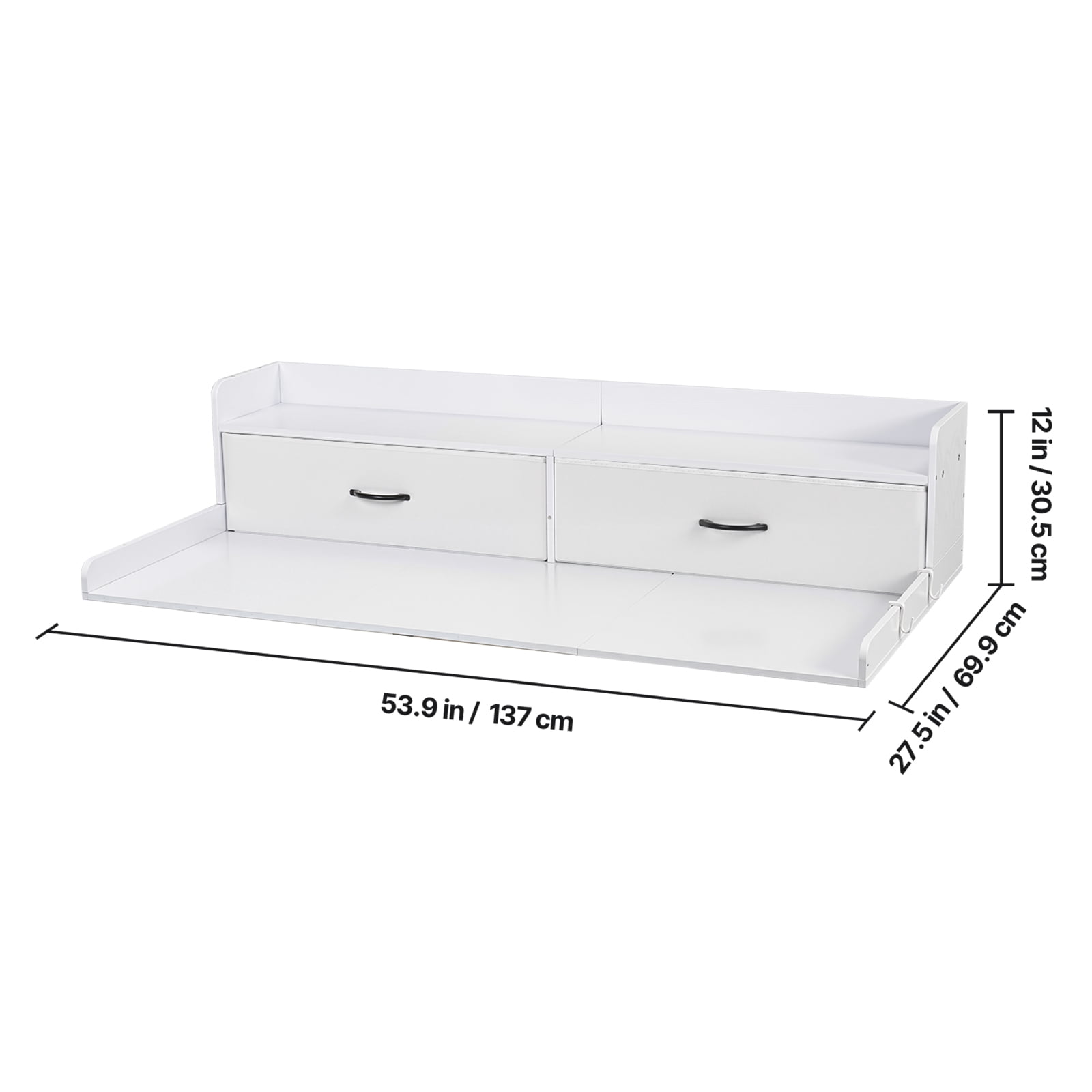 KFFKFF Washer Dryer Countertop with Shelf, 54 x 27.5 in Wooden Laundry Topper with 2 Drawers & 2 Hooks, Laundry Machine Organizer for Closet and Pantry Storage, White