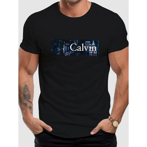 Men'S Plus Size "Calvin" Graphic T-Shirt - Navy Blue with White Letter Print, Casual Short Sleeve Crew Neck Tee, Stretchy Polyester Fabric for Spring & Summer, Everyday Tshirt