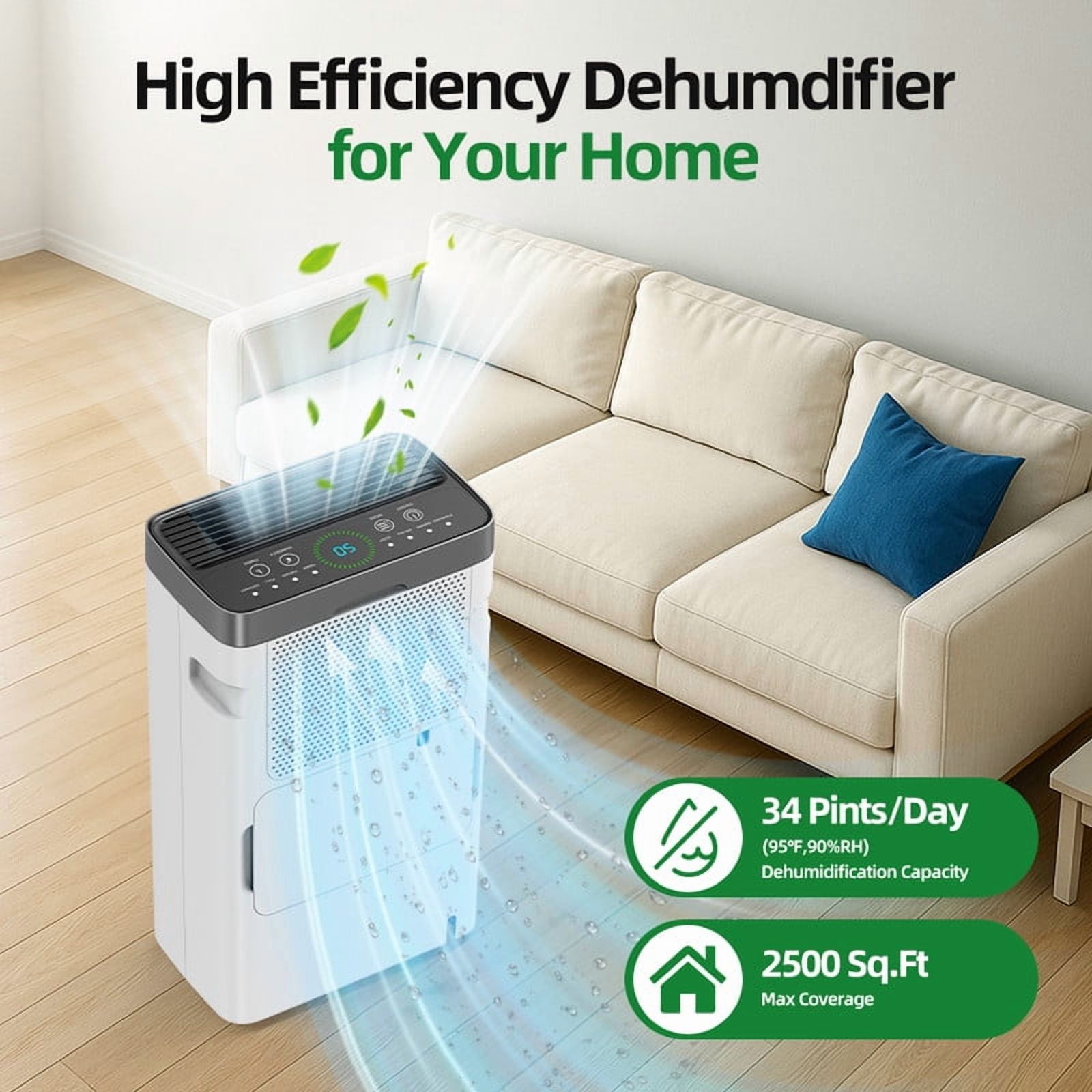 Edendirect 34 Pt 2,500 Sq.Ft. Efficiently White Dehumidifiers with Drain Hose and Bucket,,Auto Defrost,Low Noise
