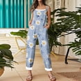 thumbnail image 6 of Women Linen Overalls Summer Casual Floral Printed Loose Fit Jumpsuits Boho Wide Leg Rompers Pants with Pockets Blue XL, 6 of 6