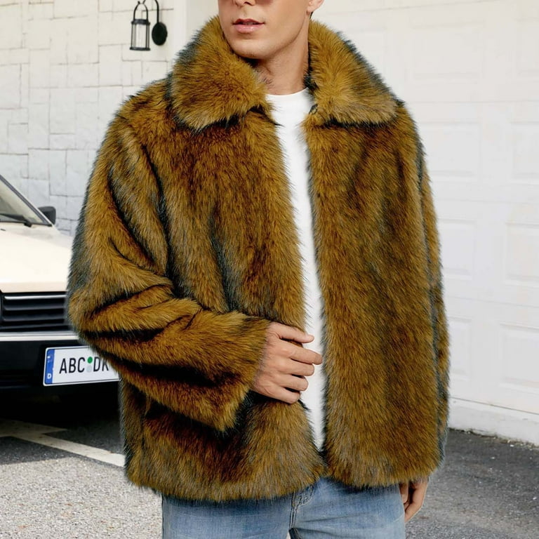 Mens Winter Faux Fur Coat Warm Lapel Shaggy Jackets Short Plush
