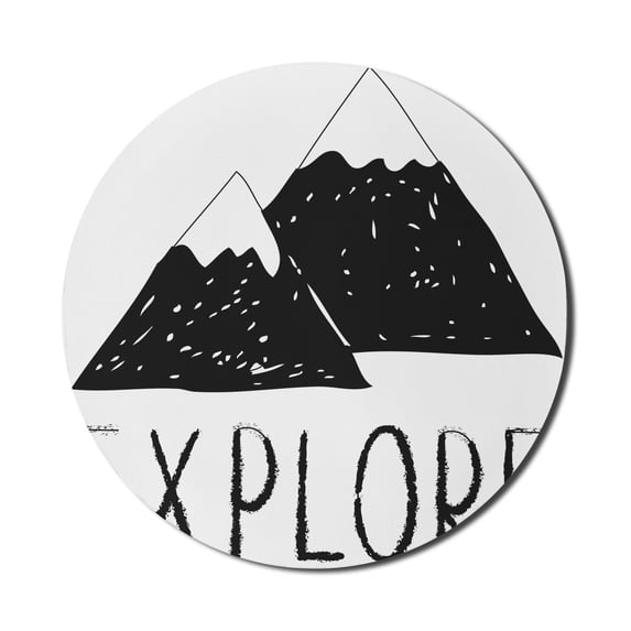 Adventure Mouse Pad for Computers, Explore Lettering Wild Forest Hand Drawn Simple Mountains Nature Theme, Round Non-Slip Thick Rubber Modern Gaming Mousepad, 8" Round, Black White, by Ambesonne