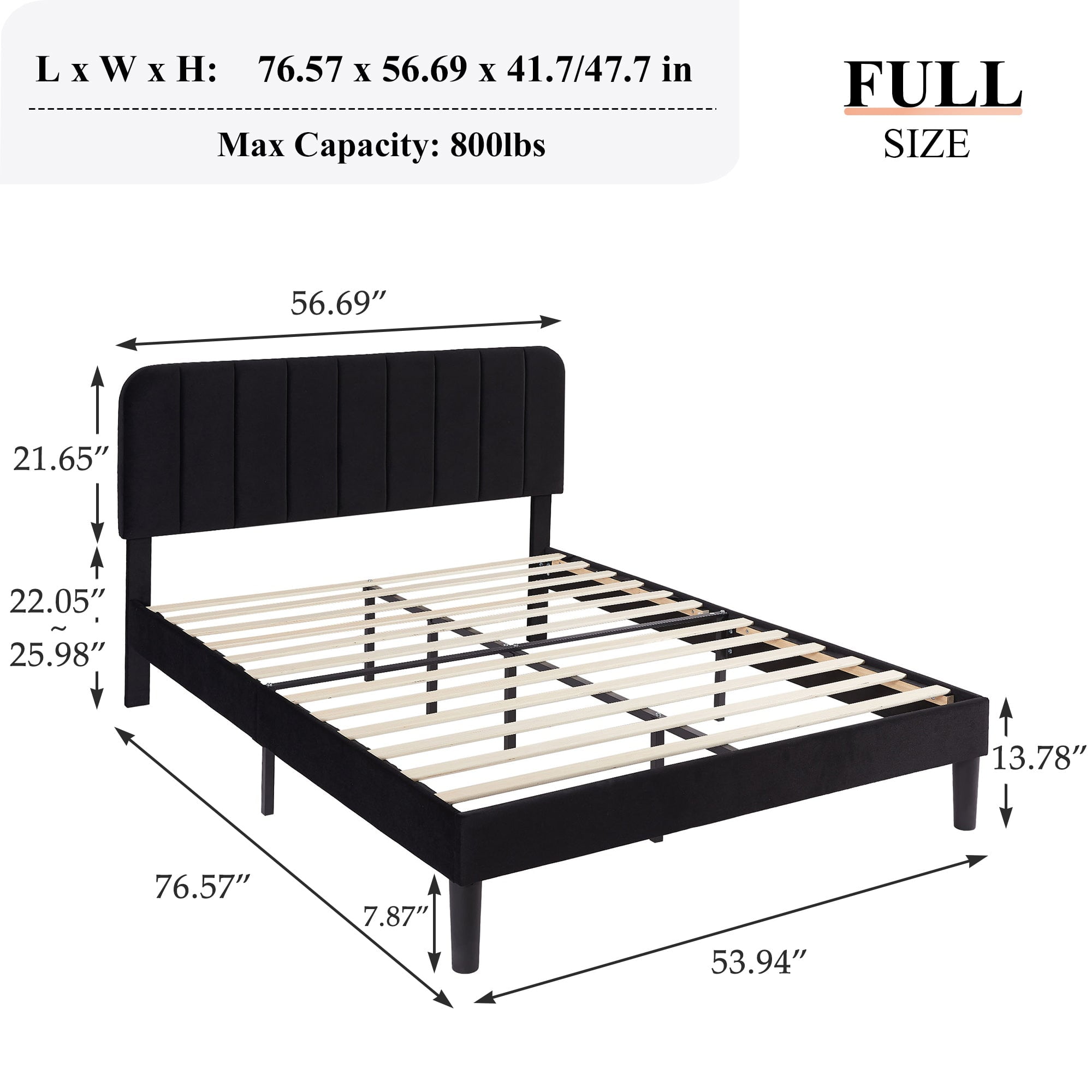 VECELO Full Size Bed Frame, Upholstered Platform Bed Frame with Adjustable Headboard, No Box Spring Needed, Easy Assembly, Black