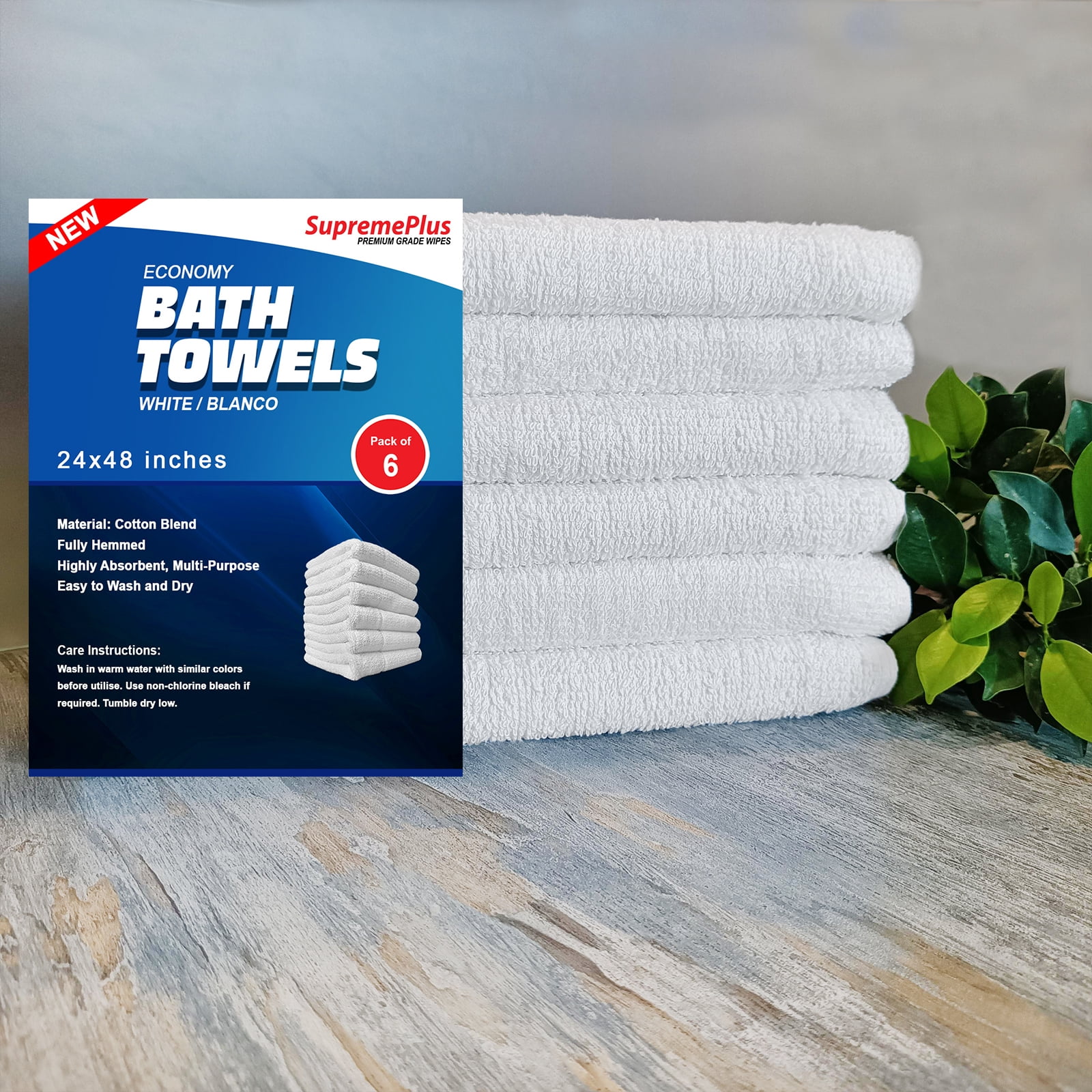SupremePlus Lightweight Absorbent 24" x 48" Cotton Blend Bath Towels, White 6 Count