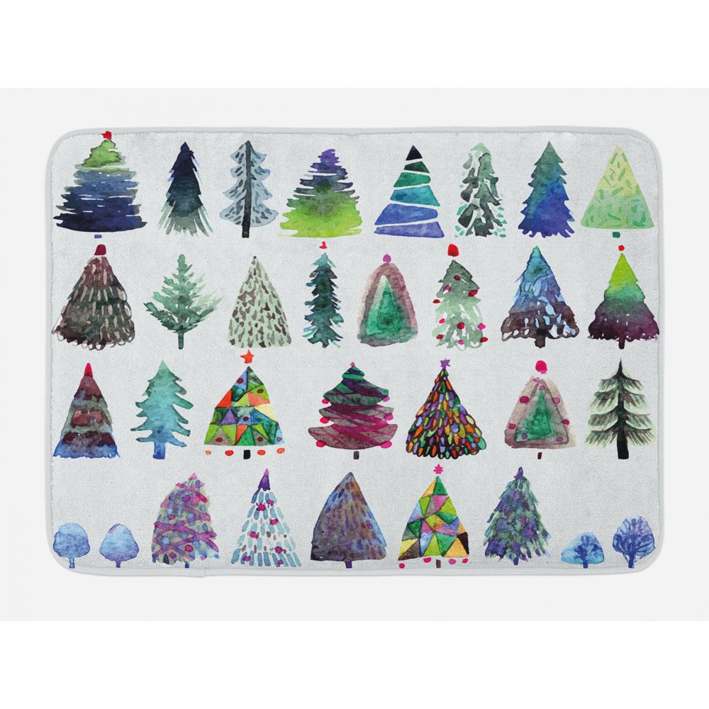 Christmas Bath Mat, Big Collection of Watercolor Christmas Fir Trees