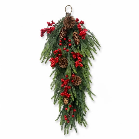 28in Pre‑Lit Christmas Door Swag,Artificial PE Pine Teardrop Swag with 20 LED Lights Timer 8 Modes,Red Berries Pinecones,Hanging Christmas Teardrop Wreath for Front Door Indoor Outdoor Holiday Decor