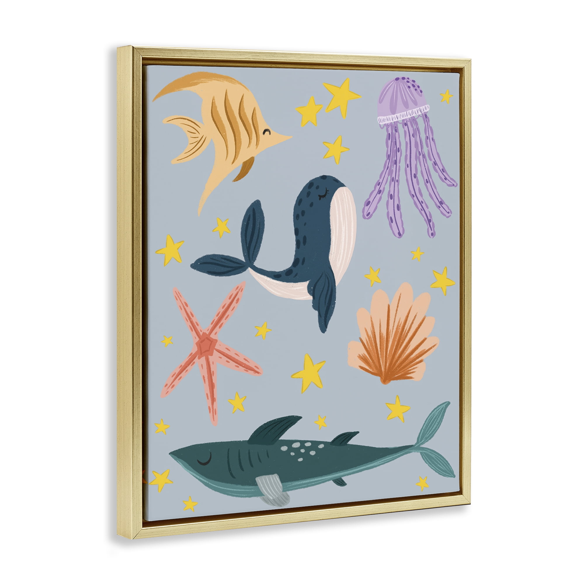 Stupell Industries Whimsical Marine Creatures Animals Painting Gold Floater Framed Canvas Art Print Wall Art, 17 x 21