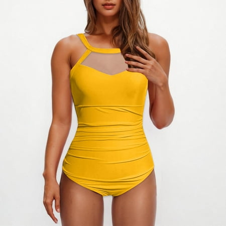 BLTIBY Womens Swimsuits Solid Color Slim Tummy Control Mesh Hanging Neck Swimsuit Bikini Bathing Suit Fashion One-Piece Swimwear Yellow XXL