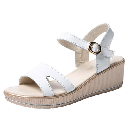 

Youmylove Spring Fashion Slope Heels Casual White Thick Sole Round Head Leather Buckle Rubber Women Shoes Summer Comfy Beach Outdoor Walking Footwear