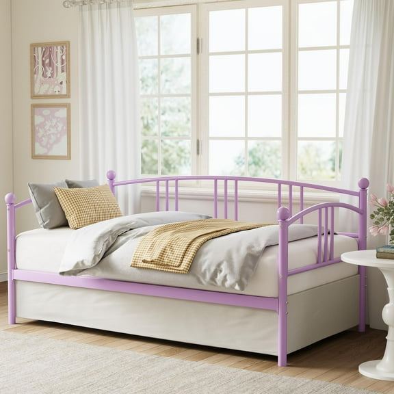 Twin Daybed Without Trundle, Metal Twin Size Daybed with Underbed Storage Space, Steel Slat Support Sofa Bed for Bedroom, Guest Room, Purple