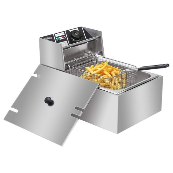 EH81 2500W MAX 110V 6.3QT6L Stainless Steel Single Cylinder Electric Fryer US Plug, ,Electric Deep Fryer Frying Basket, Stainless Steel,White