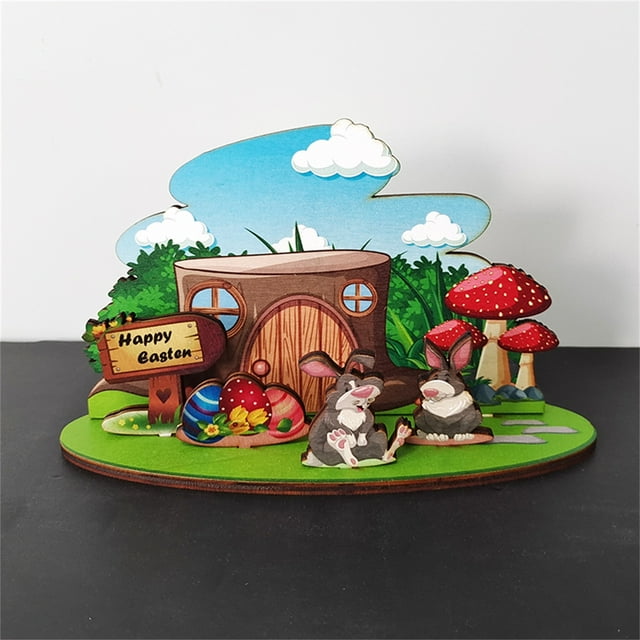 Easter Rabbit Bunny Desktop Decoration Ornament Wooden Painting Bunny Easter Holiday Table Decoration