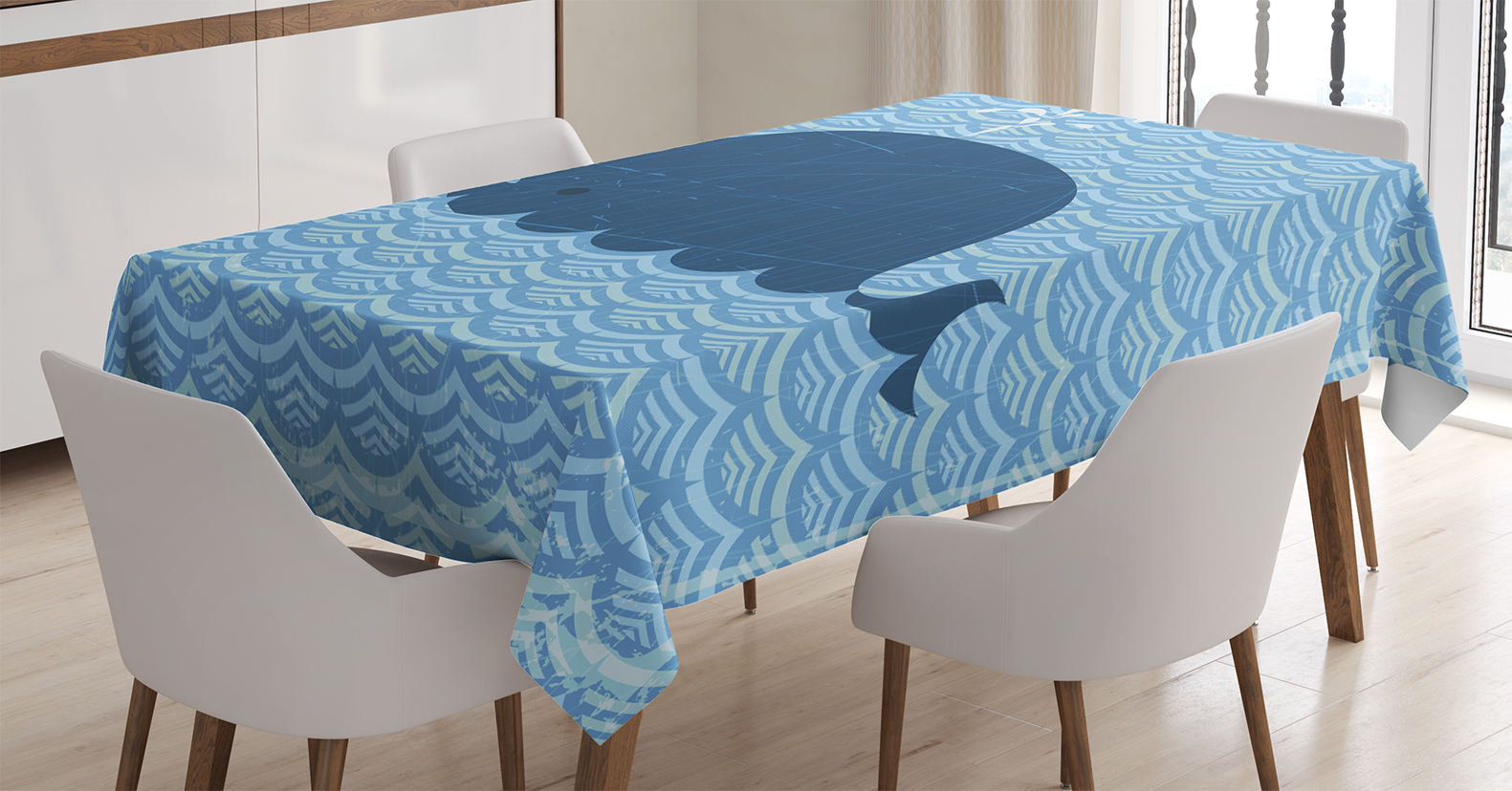 Whale Decor Tablecloth, Little Whale Water on Top with Art Deco Wavy