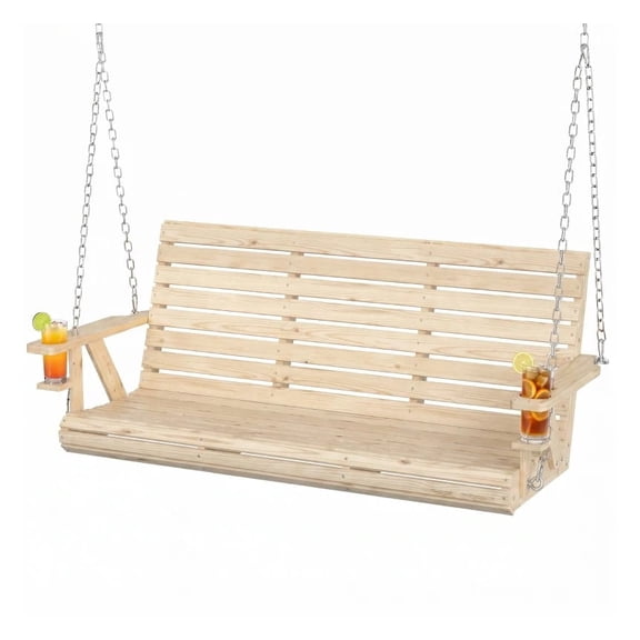 Fir Wood 3-Seater Porch Swing with Cupholders and Hanging Chains, Carbonized