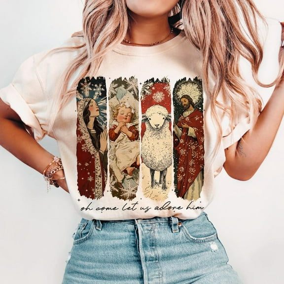 Vintage O Come Let Us Adore Him T-Shirt – Nativity Scene Christmas Tee with Baby Jesus and Retro Hand-Drawn Look