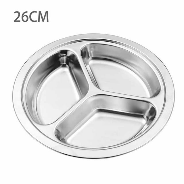 MYG Stainless Steel 3 Sections Round Divided Dish Dia 22/24/26cm Snack Dinner Plate
