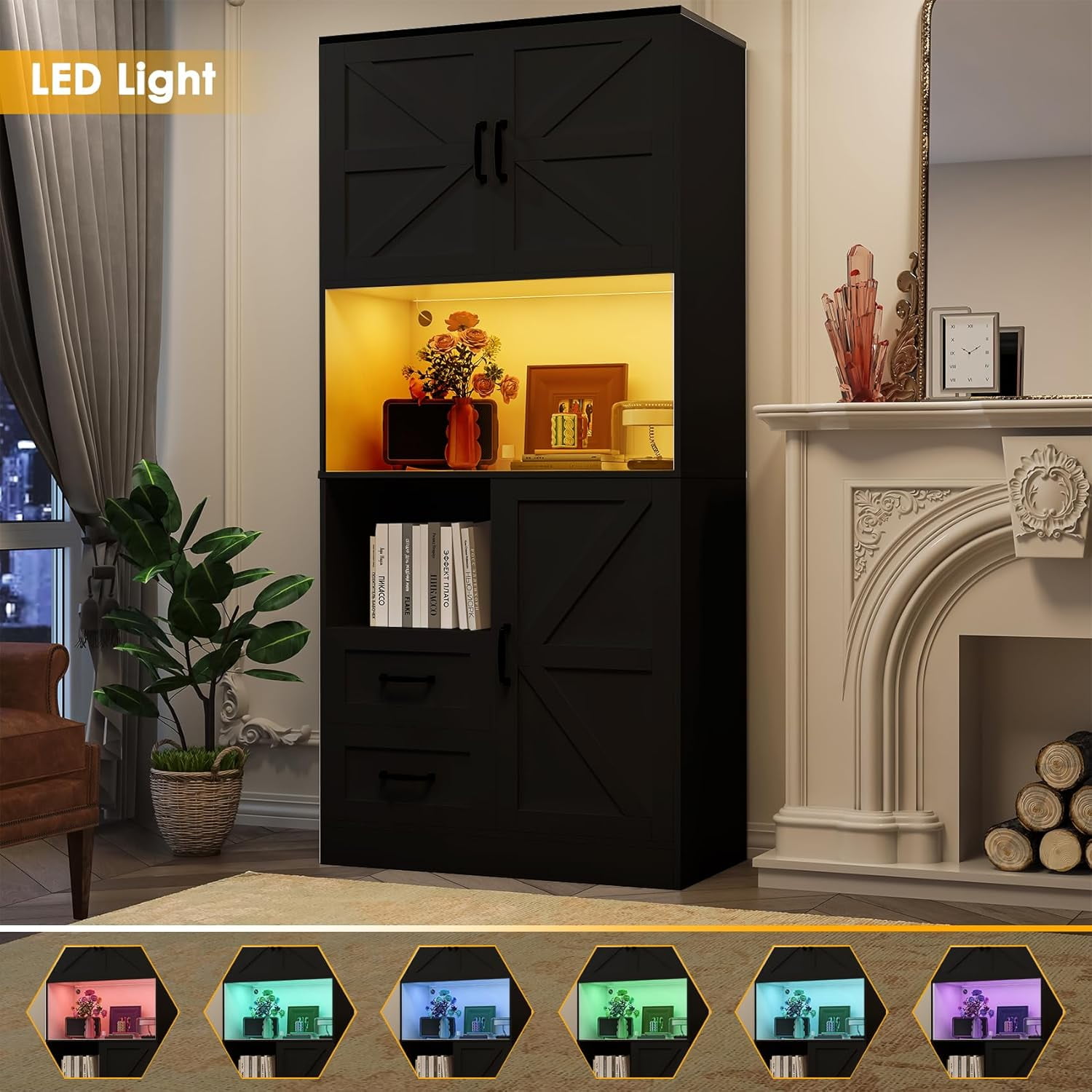 Winkalon 68'' Kitchen Pantry Hutch with Charging Station and LED Light, Buffet Storage Cabinet with Adjustable Shelves, Black