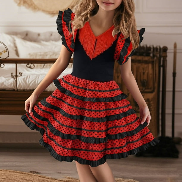 PMVFHDE Girls Dresses Girls' Spanish Dance Dress Dance Dress