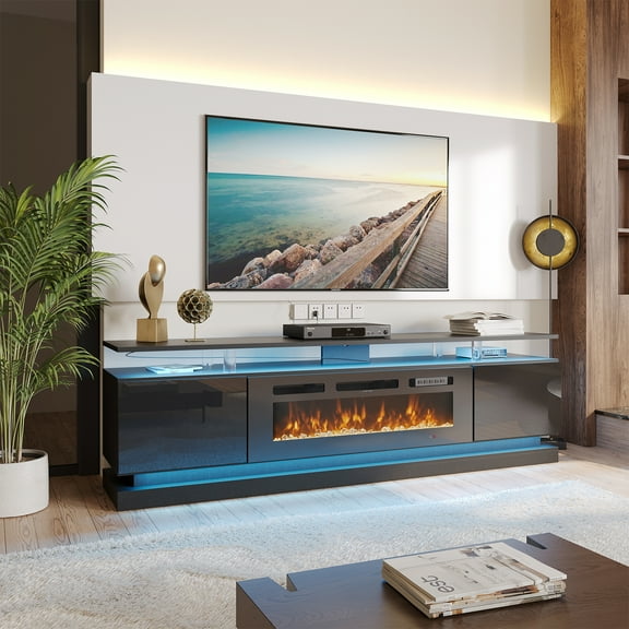 Sonegra Modern Fireplace TV Stand for TVs Up to 80" with Music Sync LED, 70" Entertainment Center with Electric Fireplace, TV Console with Storage Cabinets for Living Room, Black