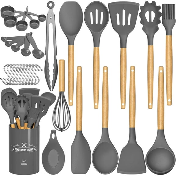 Kitchen kitchenware set, 33 pieces of non-stick silicone kitchenware, wooden handle silicone kitchenware set