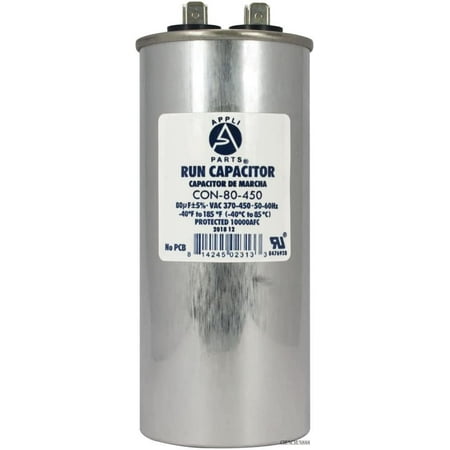 

appli parts run acitor for ac 80 mfd (microfarads) 370 vac or 450 vac cbb65 round universal fit for hvac and other applications 5-1/4 in high 2 in wide con-80-450