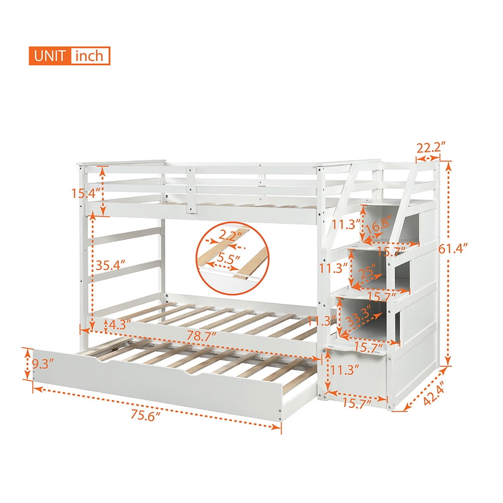 Kepooman Twin-Over-Twin Modern Wooden Bunk Bed with Twin Trundle & 3 Storage Stairs, 94.4"L x 42.4"W x 61.4"H, White Kepooman Twin-Over-Twin Modern Wooden Bunk Bed with Twin Trundle & 3 Storage Stairs, 94.4"L x 42.4"W x 61.4"H, White