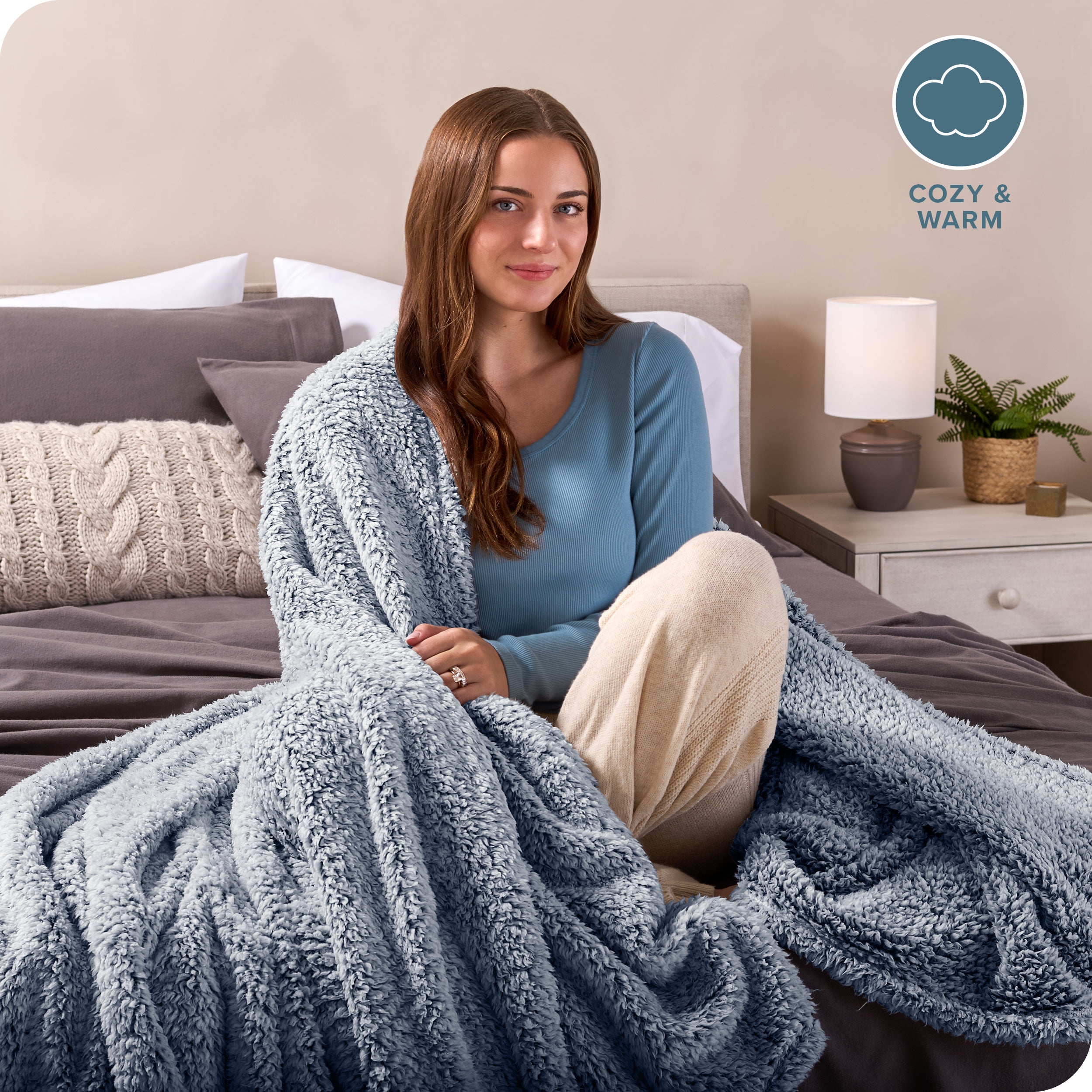 Bare Home Faux Shearling Blanket - Fluffy & Soft - Lightweight - King, Dark Blue - Tipped