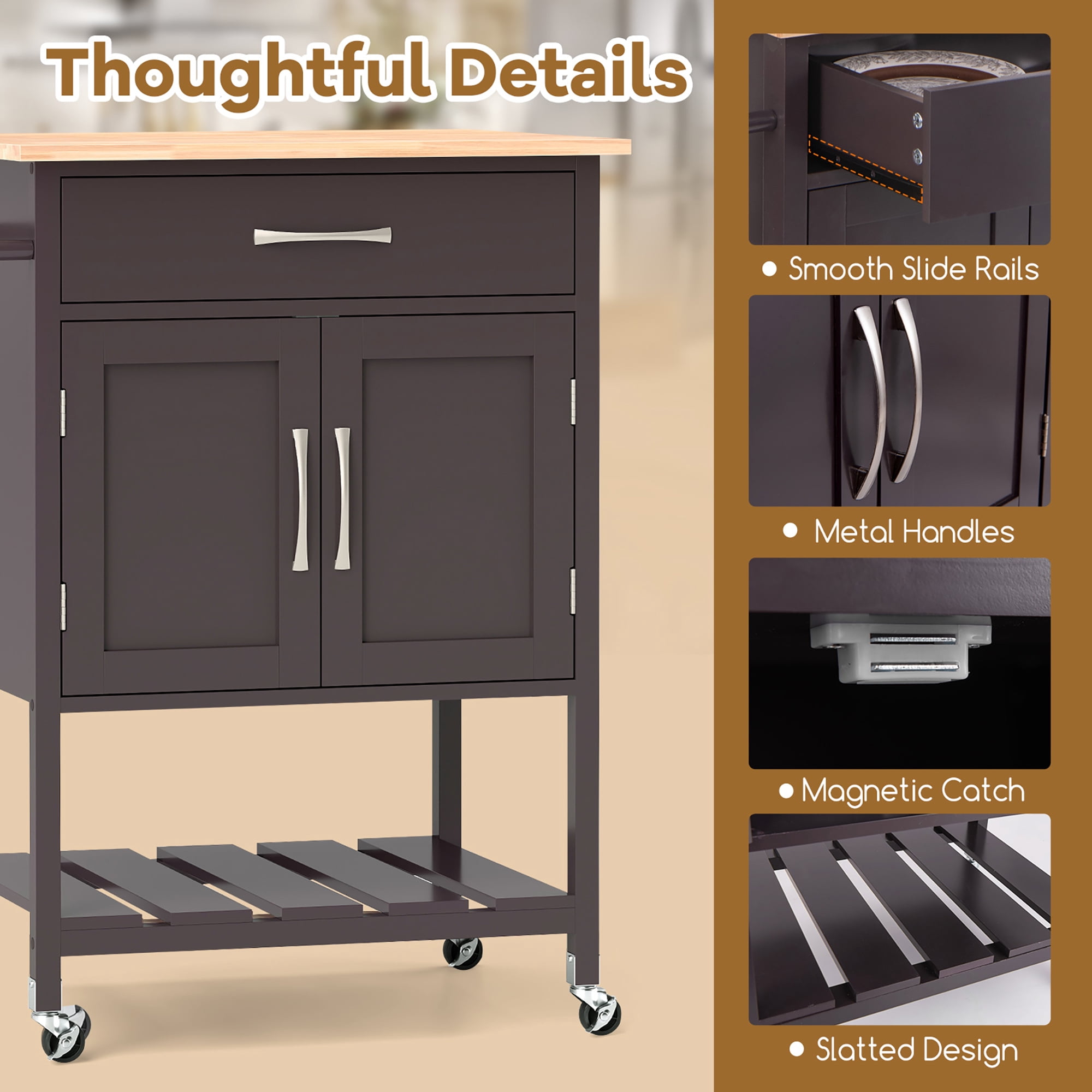 Gymax Rolling Kitchen Island Cart w/ Drawer 2-Door Storage Cabinet Bottom Tray Brown