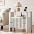 thumbnail image 3 of Fluted Nightstand with Charging Station, 27.3" Wide Modern Bedside Table with 2 Drawers & Open Shelf, Large Wood End Table with Storage & Metal Handle for Bedroom, Cream White, 3 of 14