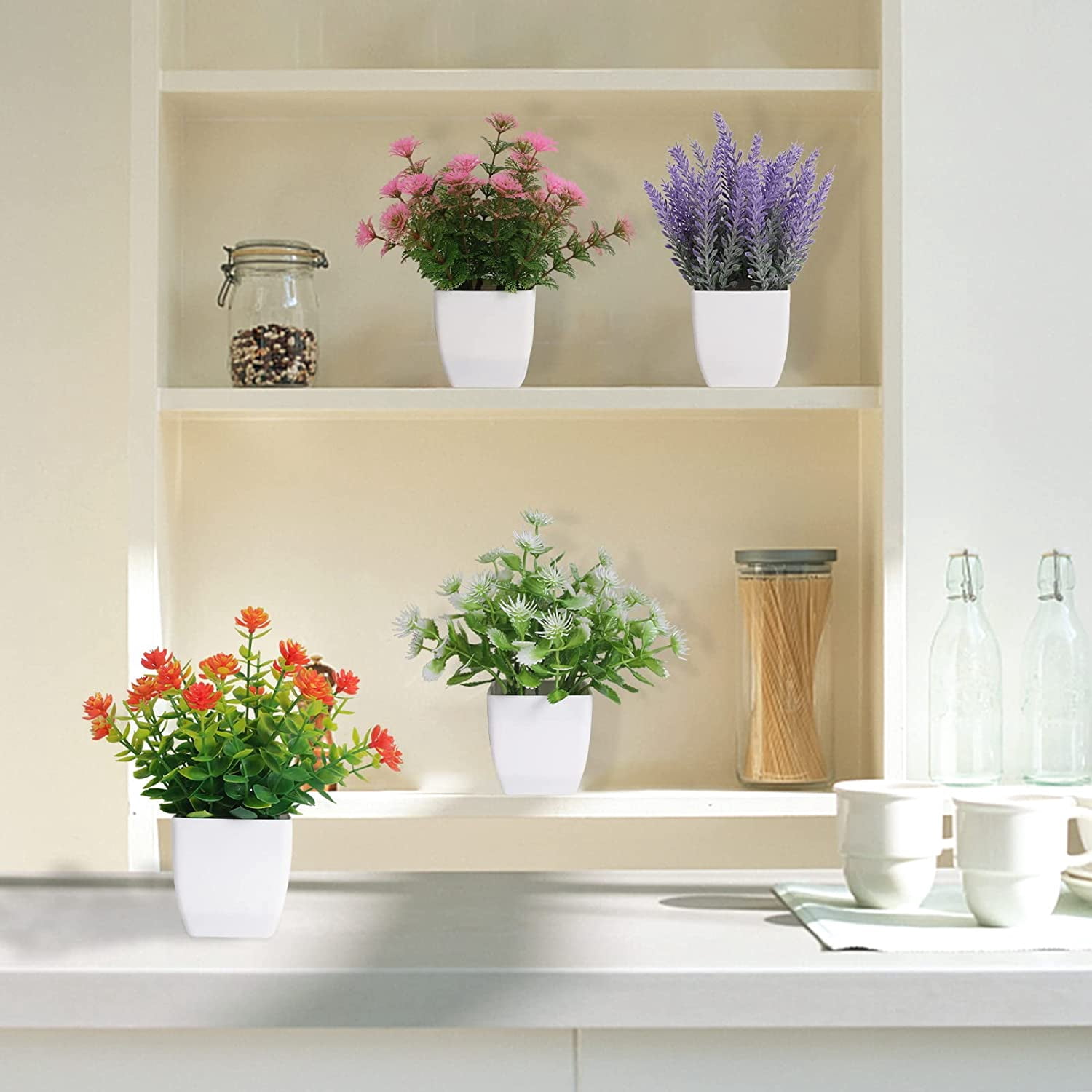 Artificial Small Plant 6pcs Fake Flower Potted Plant Bathroom for Indoor Decor Window Tabletop Office Colorful