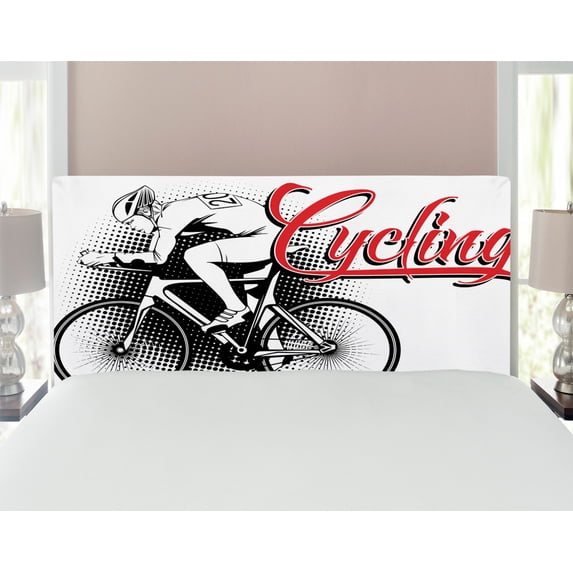 Sports Headboard, Cycling Man Illustration Dotted Setting Biking Athletics Human Powered Vehicle, Upholstered Decorative Metal Bed Headboard with Memory Foam, Full Size, Black White Red, by Ambesonne
