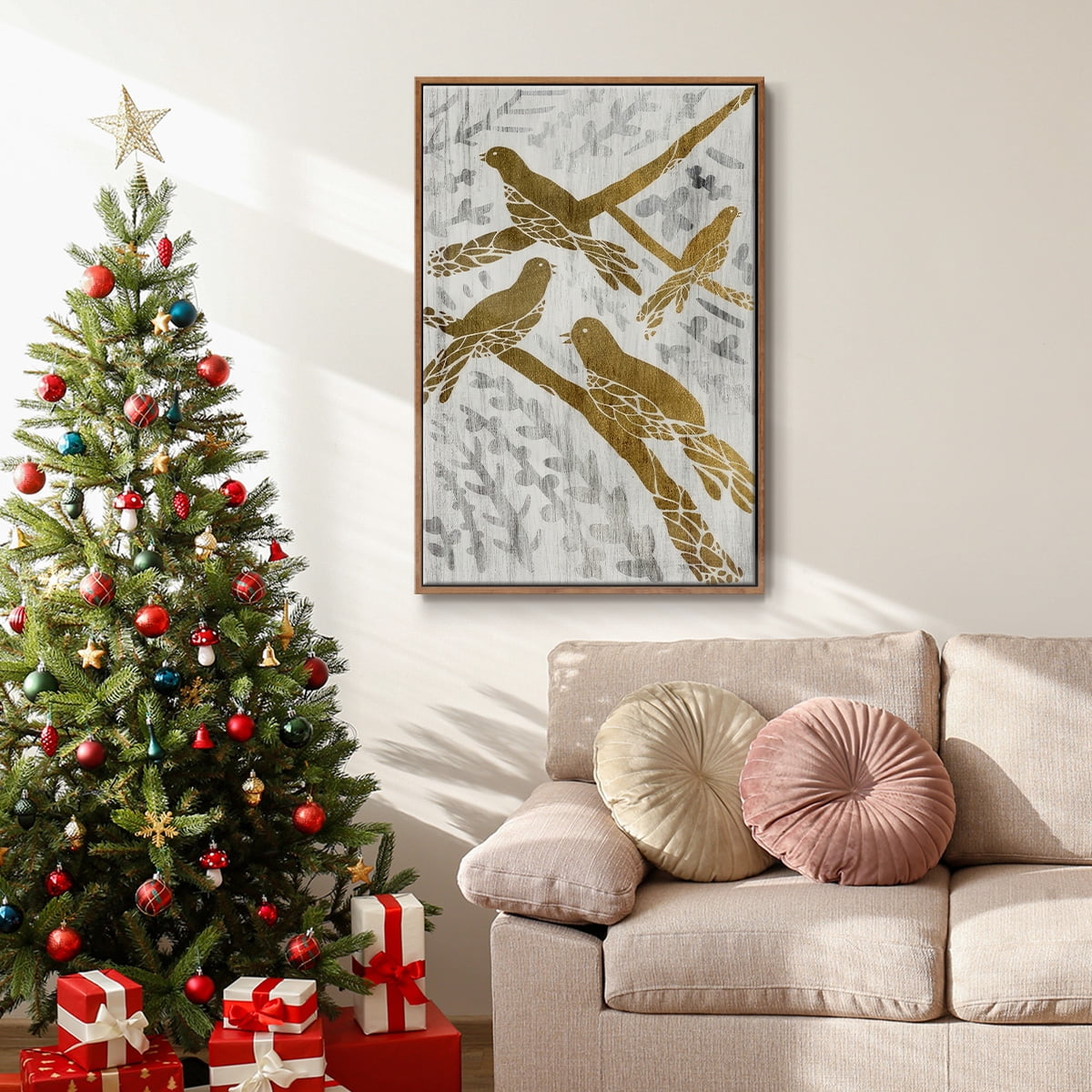 Four Calling Birds - Gold Leaf Holiday - Framed Gallery Wrapped Holiday Canvas - 27 x 41 - Rosewood Frame
