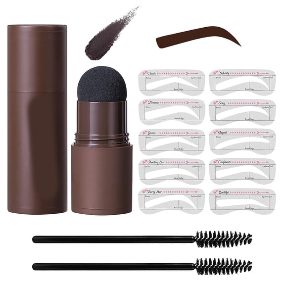 CCOCC Eye-Brow Stamp Stencil Kit, Waterproof Brow Stamp Shaping Kit Eye Brow Definer & Filling Powder, Women Makeup Tools with 10 Reusable Eyebrow Stencils, 2 Brushes (Dark Brown)